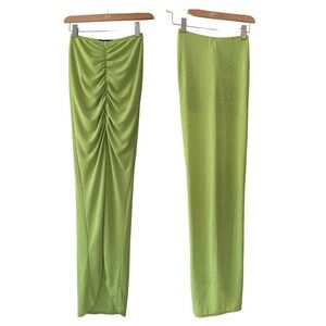 Neon Green Ruched Maxi Skirt with Front Slit size XS